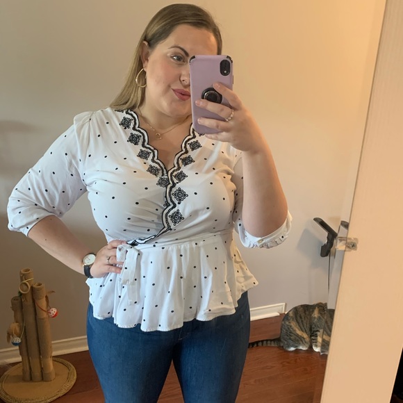 LOFT Tops - LOFT White Polka Dot Embroidered Trim Wrap Blouse L